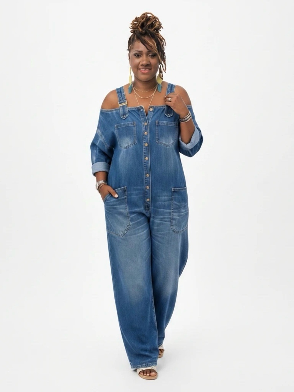 Cold-Shoulder Blue Denim Jumpsuit Jeans